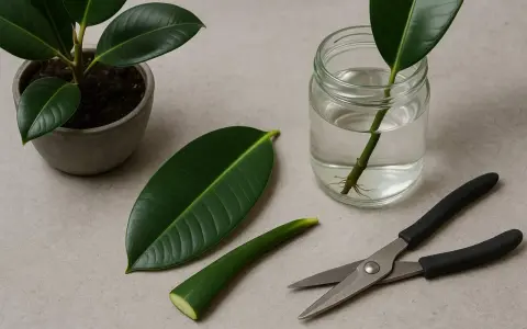 Gummibaum vermehren: Ein Blatt und ein Steckling in Wasser mit Wurzeln, daneben eine Schere und ein Topf.