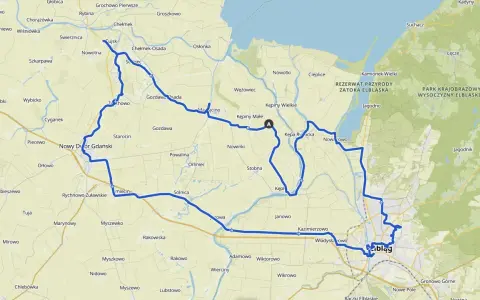 Mapa z zaznaczonymi trasami rowerowymi wokół Elbląga, prowadzącymi przez malownicze tereny Żuław i Rezerwatu Przyrody Zatoka Elbląska.