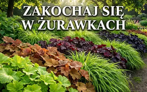 Piękny ogród z żurawkami w różnych odcieniach zieleni, brązu i purpury. Wspaniała inspiracja do żurawki uprawa.