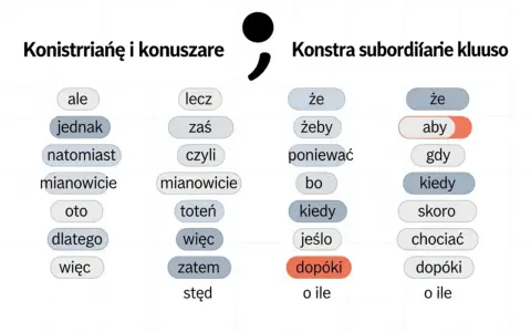 Tabela z wyrazami, które pomagają zrozumieć, czy przed danym słowem, np. "aby", stawiamy przecinek.