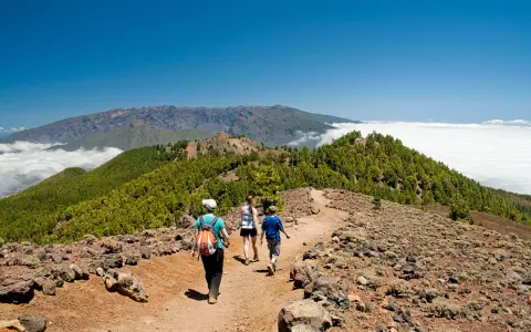 Senderos la Palma: tres personas caminan por un sendero rocoso con vistas a montañas cubiertas de pinos y un mar de nubes.