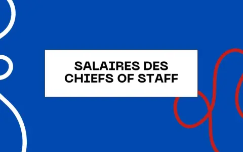 Le texte "SALAIRES DES CHIEFS OF STAFF" apparaît sur un fond bleu avec des formes abstraites blanches et rouges.