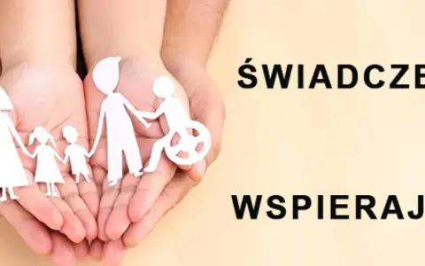 Dłonie trzymają wycięte z papieru postacie rodziny, w tym osobę na wózku. Tekst: "ŚWIADCZENIA WSPIERAJĄCE". Dowiedz się, jak uzyskać świadczenie wspierające.