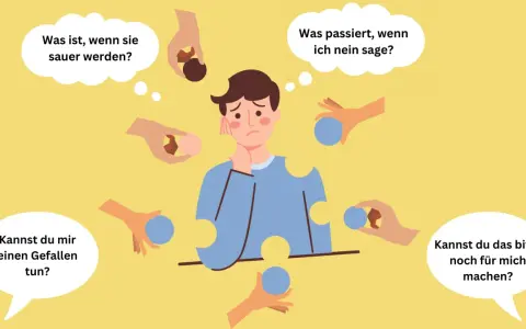 Ein Mann ist von vielen Händen umgeben, die ihm Bälle anbieten. Er wirkt besorgt und denkt über die Psychologie nach, es allen recht machen zu wollen.