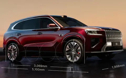 Elegancki, ciemnoczerwony SUV Zeekr 8X z wymiarami 5,100 mm długości i 1,998 mm szerokości, gotowy na podbój dróg w Polsce.