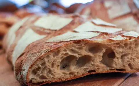 Una fetta di pane con lievito madre, crosta dorata e alveolatura pronunciata.