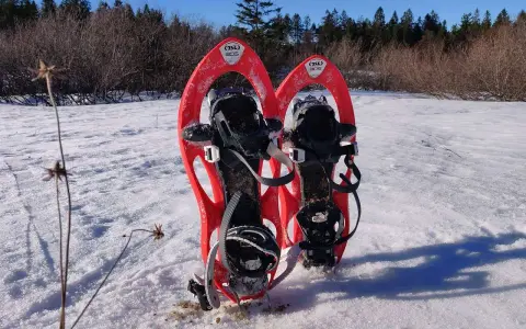 Raquettes TSL 305 rouges prêtes pour une aventure hivernale dans la neige.