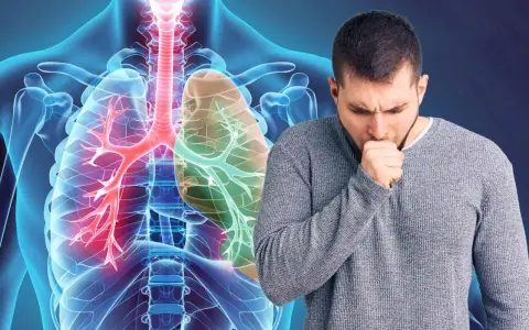 Mann hustet, Lunge mit COPD-Symptomen. Appetitlosigkeit kann ein Zeichen sein.