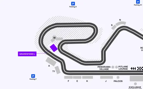 Mapa del circuito de Montmeló, con zonas de aparcamiento (P), gradas (GRANDSTAND L) y áreas de interés para la clasificación F1 Barcelona.