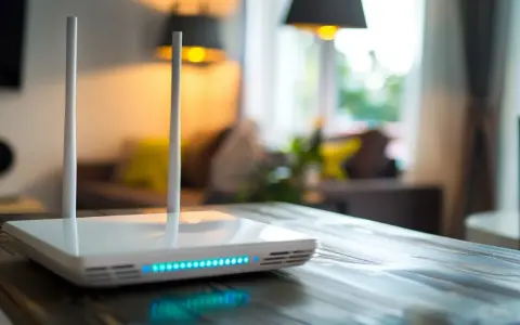 Moderner WLAN-Router mit Antennen und blauen LEDs. Er steht auf einem Holztisch und symbolisiert schnelles Internet, was bedeutet 500 Mbit/s.