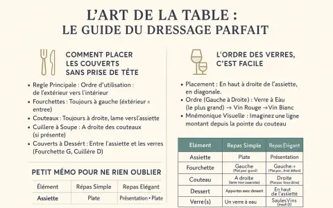 Guide pour poser les couverts à la française : fourchettes à gauche, couteaux à droite, lame vers l'assiette. Le dessert se place entre l'assiette et les verres.