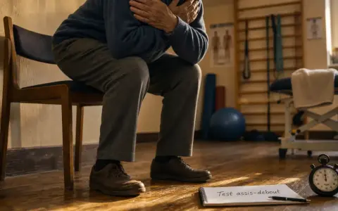 Un homme âgé, assis, se prépare pour un test assis-debout. Il semble difficile pour lui de rester debout longtemps.