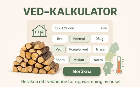 En stapel ved bredvid en kalkylator för att beräkna ditt vedbehov för uppvärmning av huset.