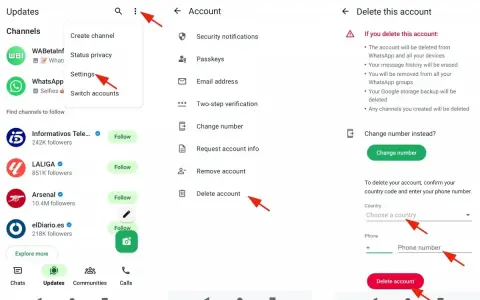 WhatsApp-Menü mit Pfeilen, die auf Einstellungen, Konto löschen und Telefonnummern-Eingabe zeigen.