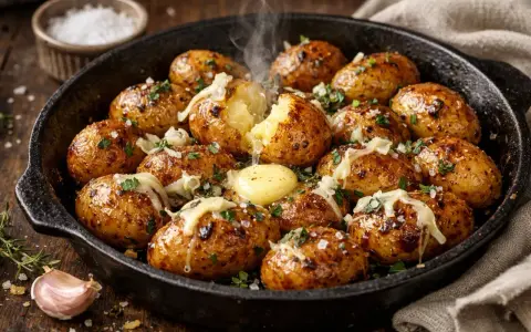 Pommes de terre grenaille au four, dorées et fondantes, garnies de fromage et de persil, avec une noix de beurre qui fond.
