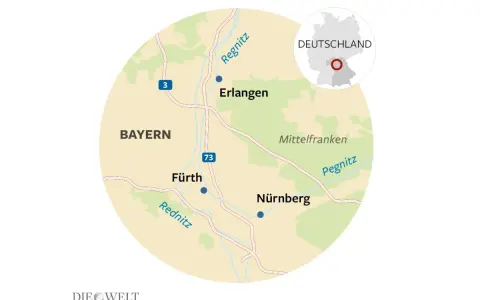 Karte zeigt Mittelfranken in Bayern, Deutschland. Städte wie Nürnberg, Fürth, Erlangen und Flüsse wie Regnitz und Pegnitz sind markiert.