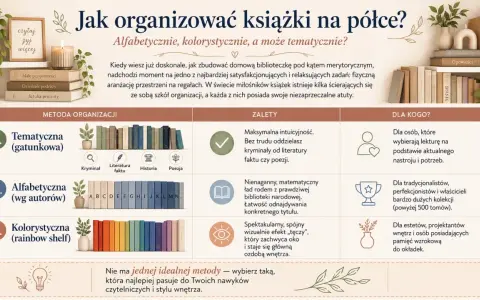 Trzy metody organizacji książek: tematyczna, alfabetyczna i kolorystyczna. Każda z nich ma swoje zalety i jest dla innego typu czytelnika.