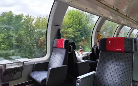 Wnętrze wagonów IC 3806 Malczewski. Siedzenia w pierwszej klasie, widok na zielone drzewa za oknem.