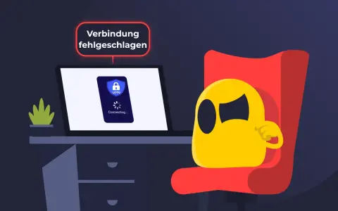 Gelbe Figur sitzt frustriert vor Laptop, der VPN-Verbindungsprobleme anzeigt. "Verbindung fehlgeschlagen" steht über dem Bildschirm.