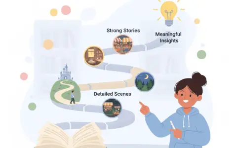 Una chica explica el camino de una **historia narrativa**: desde un castillo hasta escenas detalladas, historias sólidas y, finalmente, ideas significativas.