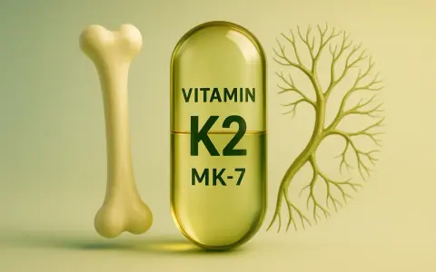 Żółta kapsułka z napisem "VITAMIN K2 MK-7" między kością a drzewem.