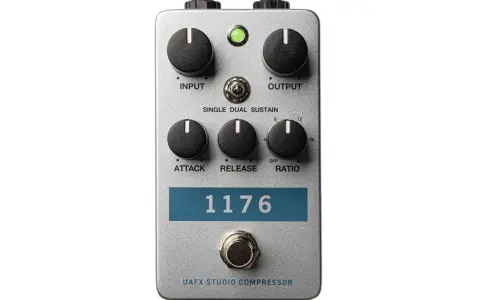 Srebrny efekt gitarowy 1176 compressor z pokrętłami Input, Output, Attack, Release, Ratio i przełącznikiem Single Dual Sustain.