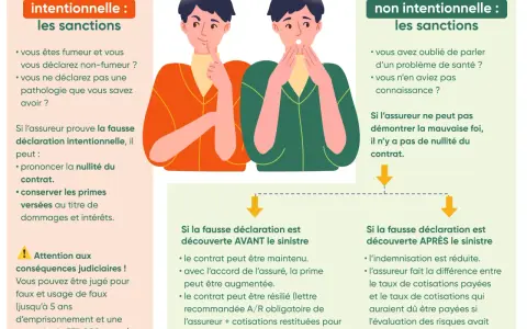 Illustration expliquant les sanctions d'une fausse déclaration intentionnelle à l'assurance, avec des conséquences judiciaires possibles.