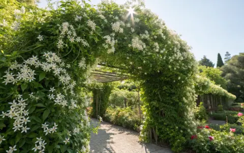 Un tunnel végétal luxuriant, orné de jasmin étoilé, crée un brise-vue naturel. Le soleil filtre à travers les fleurs blanches, illuminant un chemin pavé.