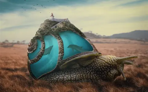Un escargot géant porte une île avec un phare, abritant des dauphins dans sa coquille. Un montage photo photoshop surréaliste.