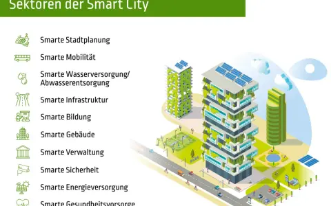 Illustration zeigt verschiedene Sektoren von smart city projekten, darunter Stadtplanung, Mobilität und Energieversorgung, mit modernen Gebäuden und grünen Technologien.
