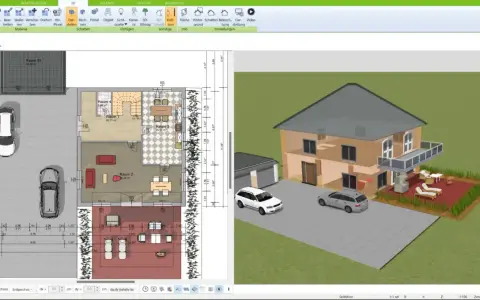 Grundriss eines amerikanischen Hauses mit zwei Autos auf dem Hof und einem 3D-Modell des Hauses daneben.