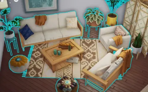 Diseño de sala de estar en Sims 5, con sofás, mesa de centro, plantas y un biombo.