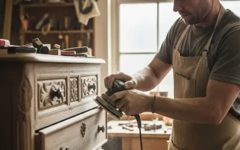 Artisan ponçant méticuleusement une commode sculptée, montrant comment poncer dans les recoins pour une finition parfaite.