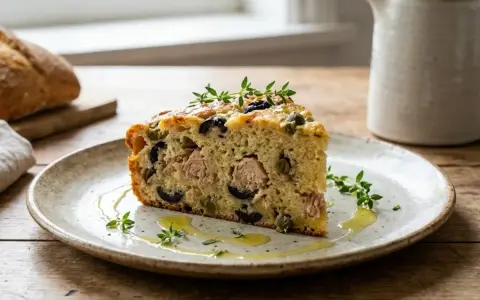 Tranche de cake au thon, olives noires et câpres, garnie de thym frais, sur une assiette avec un filet d'huile d'olive.