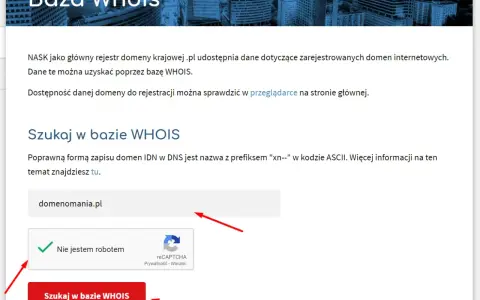 Szukaj informacji o domenach w bazie WHOIS. Wpisz nazwę domeny, np. domenomania.pl, zaznacz "Nie jestem robotem" i kliknij "Szukaj w bazie WHOIS".