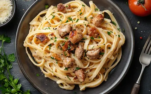 Pyszne fettuccine z kawałkami kurczaka i posiekaną natką pietruszki. Idealne co do spaghetti, gdy masz ochotę na coś sycącego.