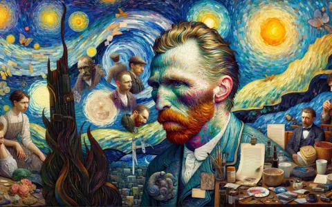 Van Gogh i Paris, omgiven av sina verk och andra konstnärer. En drömsk, virvlande nattscen.