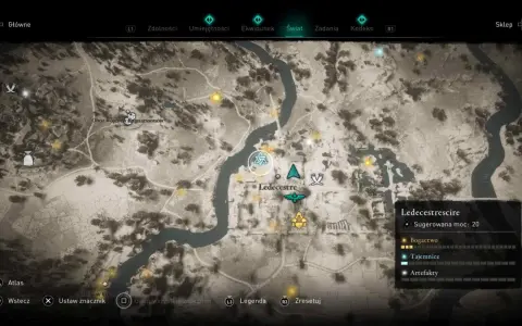 Mapa z gry Assassin's Creed Valhalla. Widoczny obszar Ledecestrescire, z zaznaczonymi punktami bogactwa i tajemnic. Poradnik AC Valhalla.
