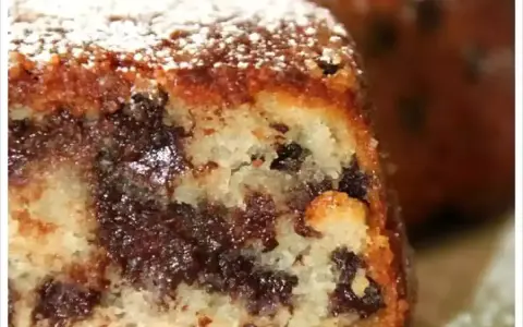 Gâteau sans oeuf aux pépites de chocolat, saupoudré de sucre glace. Un délice moelleux et gourmand.