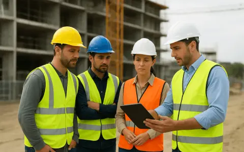 Équipe d'ingénieurs discutant sur un ged chantier, casques et gilets de sécurité, tablette à la main.