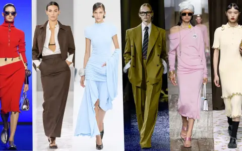 Moda estate 2024 donna: abiti audaci rossi, completi eleganti marroni e azzurri, tailleur verdi e vestiti rosa e crema.