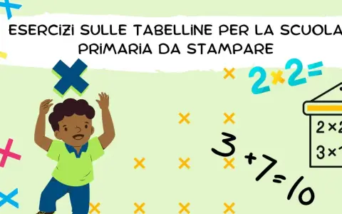 Esercizi sulle tabelline miste da stampare per la scuola primaria. Un bambino sorride tra molti segni di moltiplicazione colorati.
