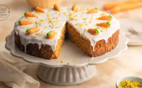Saftiger Karottenkuchen mit weißer Glasur und Marzipan-Karotten. Ein köstliches Rezept für jeden Anlass!