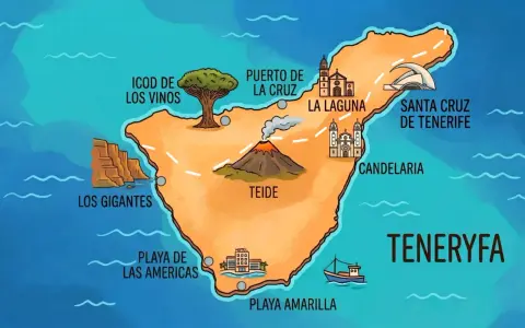 Mapa Teneryfy z zaznaczonymi atrakcjami: wulkan Teide, Los Gigantes, La Laguna, Puerto de la Cruz, Santa Cruz. Tu jest Teneryfa!