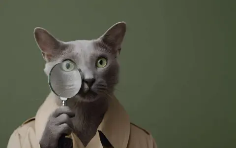 Szary kot w prochowcu z lupą przed okiem. Uważnie obserwuje, bo inaczej kociej mordy dostaniesz!
