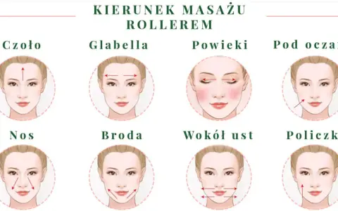 Ilustracja pokazuje kierunki masażu twarzy rollerem, aby uzyskać najlepsze efekty.