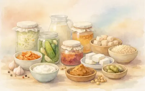 Vielfalt an fermentierten Lebensmitteln: Sauerkraut, eingelegte Gurken, Karotten, Miso, Joghurt, Tofu und mehr.