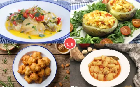 Cuatro deliciosas recetas con patatas: patatas guisadas, patatas rellenas, patatas fritas y patatas con verduras.