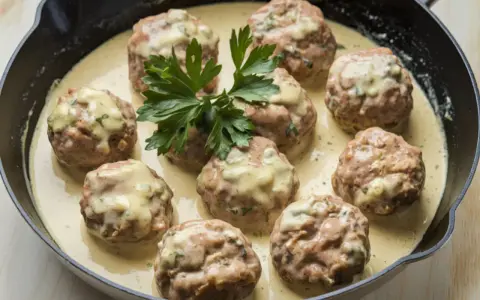 Pyszne pulpety w kremowym sosie, udekorowane gałązką natki pietruszki, podane w żeliwnej patelni.