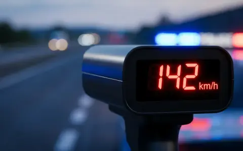 Radar mierzy 142 km/h. Szybka jazda nocą, policyjne światła i zbliżający się mandat za przekroczenie prędkości.